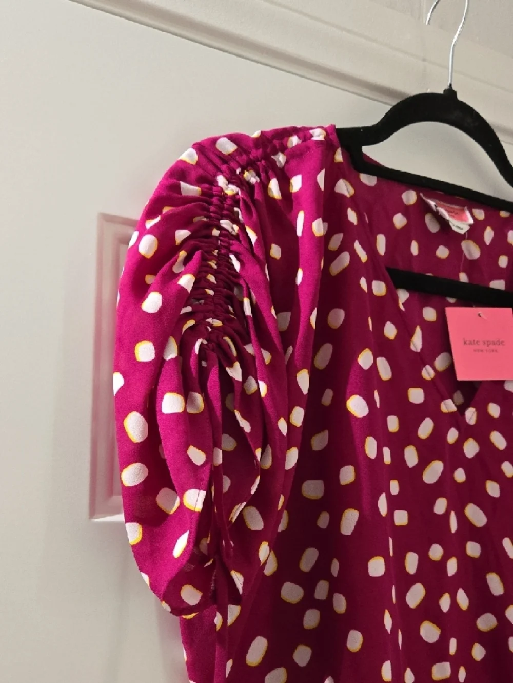 Kate Spade Mallow Dot Ruched Sleeve V-Neck Top - Berry Dot